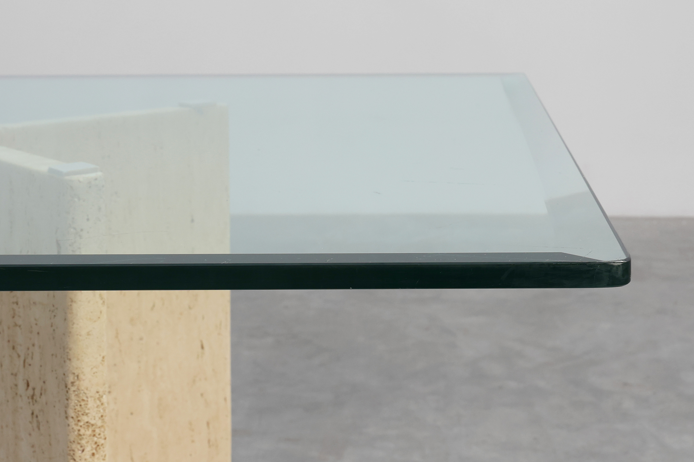 Mid‑Century Italian Dining Table with Glass Top and Travertine Base, 1970sthumbnail